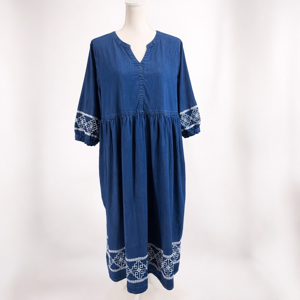 National Cotton Chambray Embroidered Peasant Midi Dress Blue PXL‎ Pockets Boho